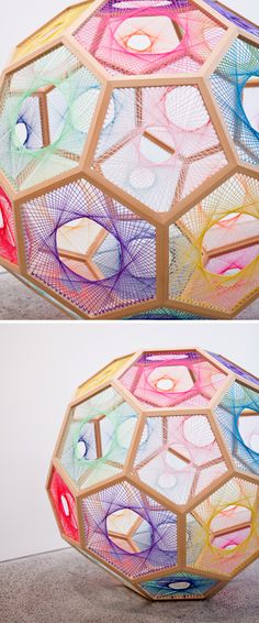 two pictures of an object made out of colored paper and wood, with different colors on it