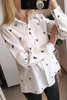 White Bird Print Buttoned Shirt White Spread Collar Shirt For Fall, Casual Spread Collar Top For Office, White Casual Blouse With Spread Collar, Casual White Blouse With Spread Collar, Casual Collar Spring Office Tops, Casual Collar Tops For Office In Spring, Buttoned Shirt, Casual Shirt Women, The Office Shirts