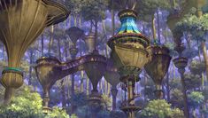 an image of a futuristic city surrounded by trees and plants in the forest with lots of lights