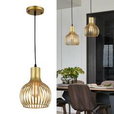 two different views of the same light fixture in an open kitchen and dining room area