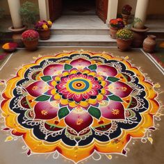 a colorful flower design on the ground in front of a building with potted plants