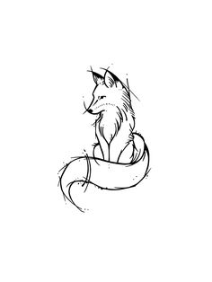 a black and white drawing of a fox with a ribbon around it's neck