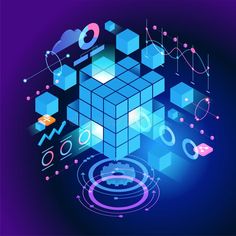 an abstract blue and purple background with cubes, circles and other items royalty illustration