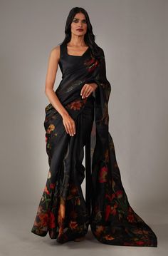 Editors Note Elevate your style with our organza digital sari, enriched with intricate embroidery work. This ensemble comes with a chanderi unstitched blouse, allowing you to create a chic and cust... Elegant Pre-draped Saree With Printed Motifs For Diwali, Fitted Silk Pre-draped Saree With Printed Motifs, Formal Bollywood Organza Pre-draped Saree, Elegant Fitted Pre-draped Saree With Printed Motifs, Elegant Pre-draped Georgette Saree With Printed Motifs, Elegant Georgette Blouse Piece With Printed Motifs, Semi-stitched Silk Pre-draped Saree With Printed Motifs, Elegant Blouse Piece For Saree With Digital Print, Fitted Georgette Pre-draped Saree With Digital Print