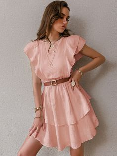 Layered Hem Dress, Layer Cut, Sundress Casual, Cold Shoulder Lace, Ruffle Trim Dress, Lace Trim Dress, Fashion Design Dress, Frill Sleeves, Color Pastel