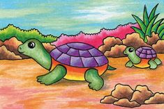 a drawing of two turtles in the sand