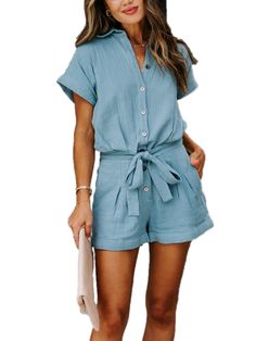 PRICES MAY VARY. Women one piece rompers feature a basic collar, short sleeves and cuffed hem.Cute rompers for women summer. Summer romper for women. Womens rompers with button down front design and pockets providing you an elegant looking. Summer rompers for women casual are made of 100% cotton fabric. Lightweight, soft and comfy. Rompers for women casual. One piece rompers for women. Rompers for women dressy. Casual playsuits rompers with removable self-tie belt at waist. Relaxed loose fitting How To Wear A Blanket Scarf, Casual Playsuit, Womens Summer Shorts, Solid Color Jumpsuits, Short Sleeve Jumpsuits, Scarf Top, Short Sleeve Romper, Belted Shorts, Playsuit Romper