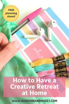 a hand is holding an earphone next to some sewing supplies and the words how to have a creative rereact at home