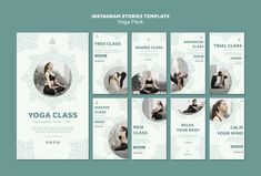 social media post template for yoga class with woman doing yoga poses in the middle and on the bottom