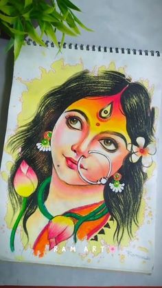 a drawing of a woman's face with flowers in her hair and nose ring