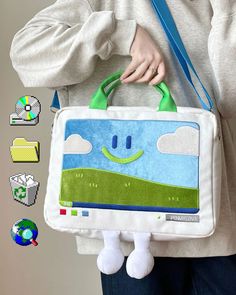 Windows XP Aesthetic Embroidery Laptop Handbag | Boogzel Clothing Colorful Crossbody Bag, Cute Laptop Bag, Windows Xp Aesthetic, Bliss Wallpaper, Reusable Bags Design, Art Small Business, Aesthetic Embroidery, Unusual Handbags, Funky Purses