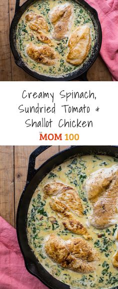 creamy spinach, sundried tomato and shalli chicken in a skillet