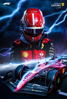 a red race car driving on a track with lightning in the sky behind it and an image of a person wearing a helmet