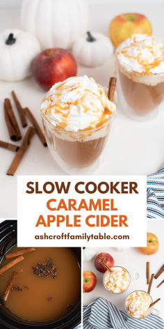 Salted caramel apple cider in a slow cooker and cups for fall. Crockpot Hot Apple Cider, Hot Caramel Apple Cider, Crockpot Caramel, Caramel Apple Cider Recipe, Crockpot Apple Cider, Slow Cooker Drinks, Crockpot Drinks, Hot Apple Cider Recipe, Slow Cooker Apple Cider