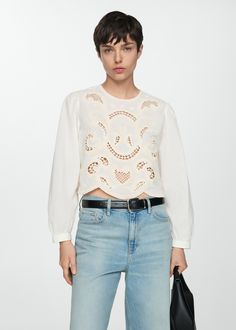 Embroidered puff sleeve blouse Mango Tops, Puff Sleeve Blouse, Long Puff Sleeves, Puffed Sleeves, Long Blouse, Three Quarter Sleeves, Quarter Sleeve, Three Quarter, Puff Sleeve