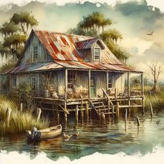 a painting of a house on stilts with a boat in the water next to it