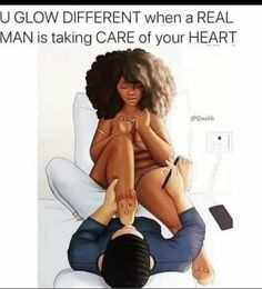 a woman sitting on top of a man's lap with the caption, glow different when a real man is taking care of your heart