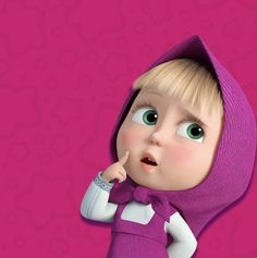 a cartoon character wearing a purple hoodie and pointing to the side with her finger