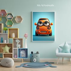 an orange car with big eyes is featured in this children's room wall art