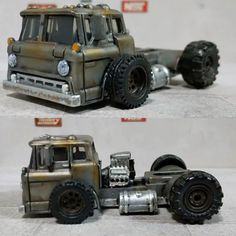 two pictures of an old truck with wheels and tires on the same vehicle as another photo