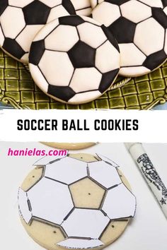 soccer ball cookies are on a plate and next to a cookie with the words soccer balls