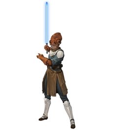 an animated character holding a blue light saber