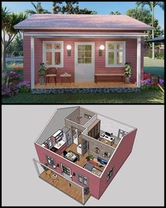 two pictures show the inside and outside of a small house, one with an open floor plan