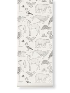 a wallpaper with animals and birds on it in grey, white and black colors