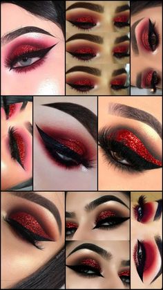 red makeup, cut crease, 2016 makeup, insta brows, makeup era Red Vampire Eye Makeup, Goth Makeup Red Lips, Smoky Red Eye Makeup, Black And Red Eyeshadow Looks, Black And Red Goth Makeup, Red Cut Crease Eyeshadow, Red Gem Makeup, Red Eye Shadow Looks, Red And Black Smokey Eye