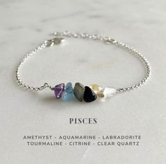 From February 19 to March 20, the Sun is in Pisces ♓︎ This raw crystal necklace is carefully thought out and is designed with natural gemstones specifically for Pisces. It compliments and enhances Pisces' peace, harmony and well being. It is made of the following raw crystals: Amethyst, Aquamarine, Labradorite, Tourmaline, Citrine and Clear Quartz. (Check photos to see how the gemstones work with Pisces energy.) It is perfect for layering and will be a meaningful February and March birthday gift Crystal Stone Bracelet For Pisces, Pisces Bracelet, Pisces Jewelry, Crystals Amethyst, March Birthday Gifts, Astrology Jewelry, March Birthday, Raw Crystals, Raw Crystal Necklace