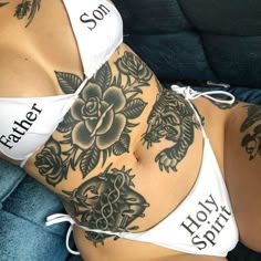 Traditional Abdomen Tattoo, Whole Stomach Tattoo Women, Sternum American Traditional Tattoo, Big Stomach Tattoos For Women, Stomach Rocker Tattoo, Back Of Thigh Tattoo Traditional, Traditional Thigh Tattoo Women, Stomach Tattoo Plus Size