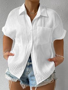 Plus Size Elegant Plain Loose Blouse | zolucky Casual Chique, Look Short, Pocket Cardigan, Pleated Blouse, Weave Style, Sleeves Clothing, Short Sleeve Cardigan, Loose Shirts, Basic Shirts