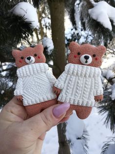 two teddy bears are wearing sweaters in the snow