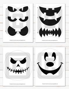 four printable halloween masks with different shapes and sizes, all in black and white