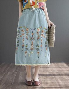 Summer Denim Skirt, Retro Embroidery, Embroidery Denim, Embroidery Skirt, Blouse Hand Designs, Denim Skirt Women, Summer Denim, Denim Skirts, Summer Color