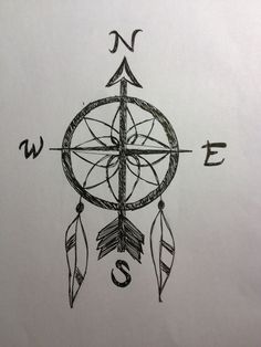 a drawing of a compass with arrows on it and the words dream catcher compass tattoo