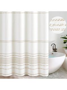 a bathroom with a sink, shower curtain and potted plant on the counter top