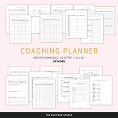 the printable coaching planner is shown in various sizes and colors, including one for each individual