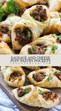 sausage and cheese puff pastry pockets on a cutting board