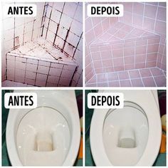 four pictures showing different stages of cleaning a toilet