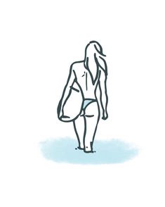 a drawing of a woman walking with a surfboard in her hand and the words, i'm not going anywhere