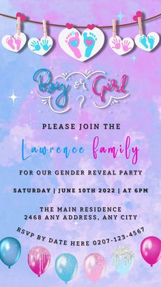 Pink Blue Sky Hearts | Gender Reveal Party Video Invitation with customizable text, featuring clouds, stars, and balloons, editable in Canva for digital sharing. Music Gender, Unique Gender Reveal Ideas, Digital Gender Reveal, Pink Blue Sky, Unique Gender Reveal, Gender Reveal Video, Cake Balloons, Gender Reveal Unique, Unique Baby Shower Invites