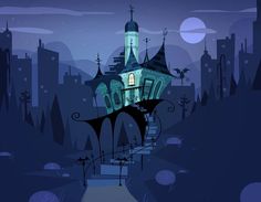 an animated image of a castle in the middle of a city at night with stairs leading up to it