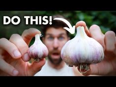 a man holding two garlic bulbs with the words do this in front of him and an arrow pointing to them