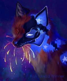 a painting of a fox with stars on it's head and eyes, in the night sky