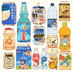 an image of many different types of bottled drinks in japanese and english words on white paper