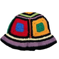 a multicolored crocheted hat on a white background