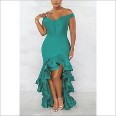 This Off The Shoulder Ruffle Train Hi-Lo Maxi Dress is an ideal choice for a special occasion. It is crafted from a luxurious fabric with an alluring silhouette, featuring an off-the-shoulder neckline, exaggerated train ruffle detailing, and a hi-lo hem for a graceful look. Perfect for standing out in the crowd in a sophisticated, feminine style. Decoration Zip Up , Ruffles Length Floor-Length Style Sexy & Club Fabric Type Blended fabrics Material Polyester , Spandex Neckline Off the Shoulder Pattern Type Solid Silhouette Asymmetrical Sleeve Length Short Season Summer Fabric Slight Stretch Shoulder Ruffle Dress, Fitted Maxi Dress, Vintage Maxi Dress, Summer Fabrics, Evening Attire, Summer Maxi Dress, Flowing Maxi Dress, Glamorous Evening Gowns, Long Maxi Dress