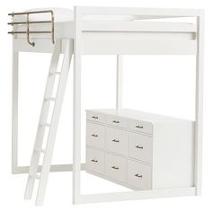 a white bunk bed with drawers underneath it and a ladder to the top that leads up