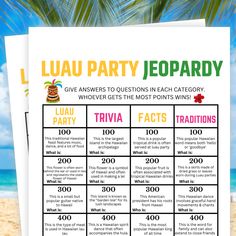 the luau party jeopardy game is shown on top of a table